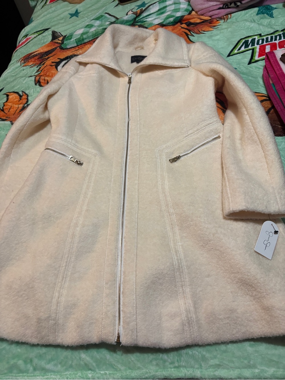 Jessica Simpson Cream Zip-Front Wool-Blend Pea Coat
